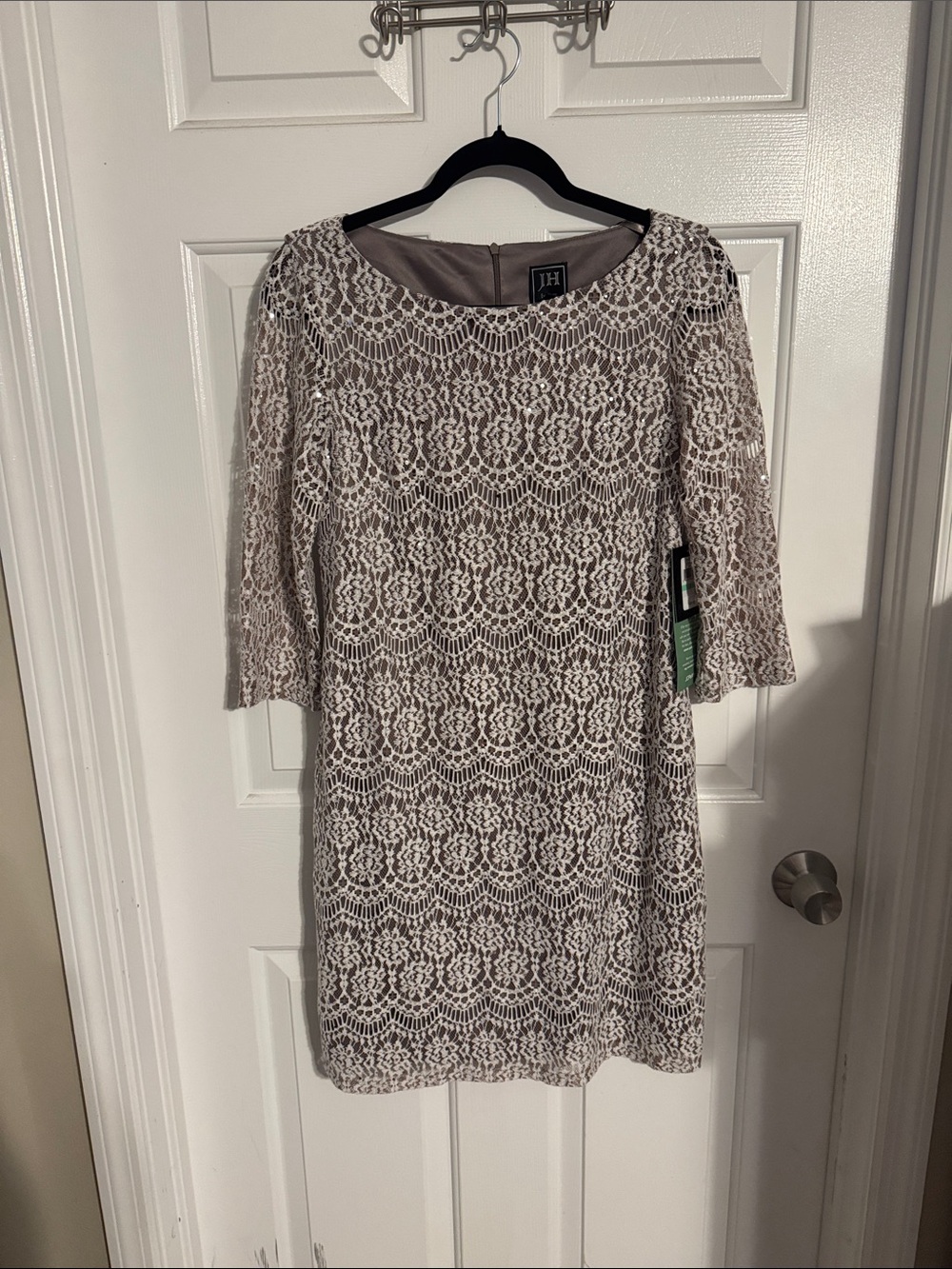 Jessica Howard Lace Overlay Midi Dress in Taupe and Cream